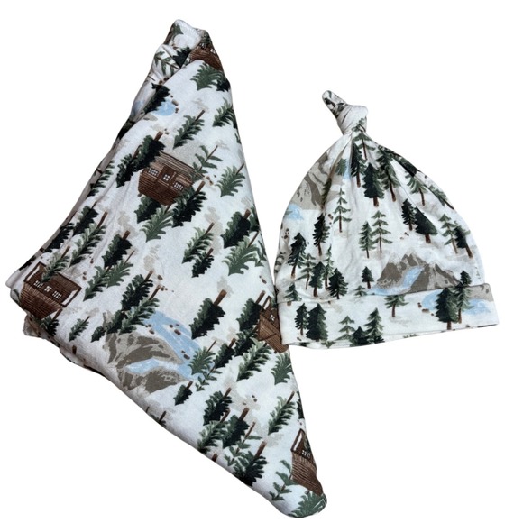 Angel Dear Baby bamboo swaddle and Hat Set Cabin in the Woods 0-3M - Picture 1 of 6